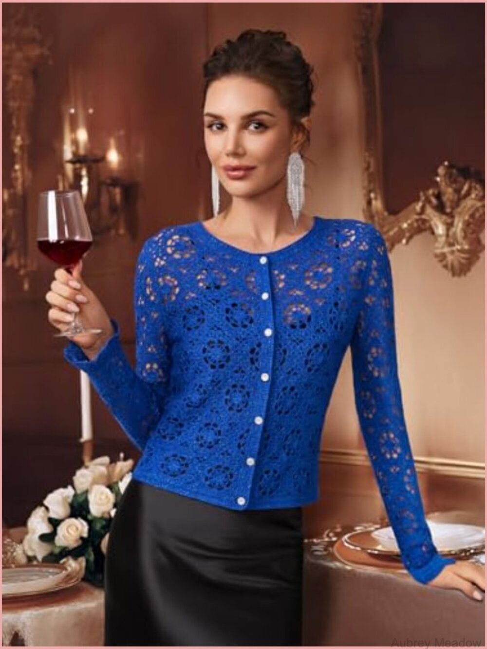 Vintage Crochet Cardigan with Golden Thread, Cropped Openwork Knit Sweater for - Picture 2 of 7